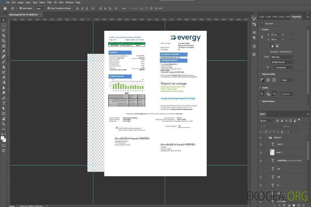 USA Missouri Evergy modèle de facture de services publics d'électricité aux formats .doc et .pdf template